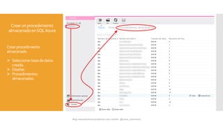 Crearunprocedimiento
almacenadoenSQLAzure
Crearprocedimiento
almacenado
 Seleccionarbasededatos
creada.
 Diseñar.
 Procedimientos
almacenados.
 