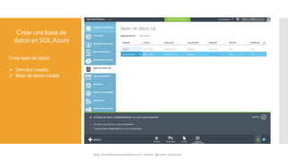 Crearunabase de
datos enSQLAzure
Crearbasededatos
 Servidorcreado.
 Basededatoscreada.
 