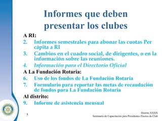 Informes que deben presentar los clubes A RI: Informes semestrales para abonar las cuotas Per cápita a RI Cambios en el cuadro social, de dirigentes, o en la información sobre las reuniones.   Información para el Directorio Oficial A  La Fundación Rotaria : Uso de los fondos de La Fundación Rotaria Formulario para reportar las metas de recaudación de fondos para La Fundación Rotaria Al distrito: Informe de asistencia mensual 