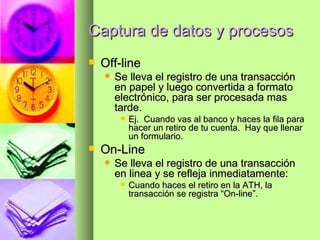 Captura de datos y procesos Off-line Se lleva el registro de una transacción en papel y luego convertida a formato electrónico, para ser procesada mas tarde. Ej.  Cuando vas al banco y haces la fila para hacer un retiro de tu cuenta.  Hay que llenar un formulario. On-Line Se lleva el registro de una transacción en linea y se refleja inmediatamente: Cuando haces el retiro en la ATH, la transacción se registra “On-line”. 