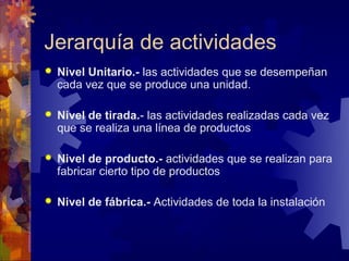 Jerarquía de actividades
   Nivel Unitario.- las actividades que se desempeñan
    cada vez que se produce una unidad.

   Nivel de tirada.- las actividades realizadas cada vez
    que se realiza una línea de productos

   Nivel de producto.- actividades que se realizan para
    fabricar cierto tipo de productos

   Nivel de fábrica.- Actividades de toda la instalación
 