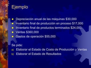  Depreciación anual de las máquinas $30,000
 Inventario final de producción en proceso $17,000
 Inventario final de productos terminados $24,000
 Ventas $360,000
 Gastos de operación $55,000
Se pide:
a) Elaborar el Estado de Costo de Producción y Ventas
b) Elaborar el Estado de Resultados
Ejemplo
 