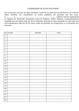 COMPROMISO DE PAGO SOLIDARIO 
Por la presente, nosotros los abajo firmantes, socios de La junta local de Productores de Café de San 
Isidro ,Intibucá, nos constituimos en avales solidarios del préstamo que por valor L._________(_____________________________________________)obtiene nuestra organización la Agencia de Desarrollo Económico Local de Intibucá, ADEL Intibuca, comprometiéndonos responder por esta deuda cada uno de los firmantes hasta que se haya cancelado su valor total, para cual realizaremos cada uno de los socios todas las gestiones de recuperación en el momento que sea 
necesario. 
No Nombre Identidad Firma 
1 
2 
3 
4 
5 
6 
7 
8 
9 
10 
11 
12 
13 
14 
15 
16 
17 
18 
19 
20 
21 
22 
23 
24 
 