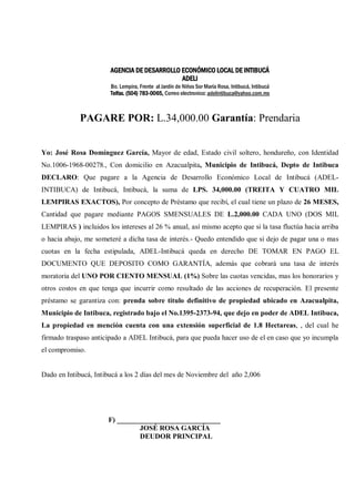 AGENCIA DE DESARROLLO ECONÓMICO LOCAL DE INTIBUCÁ 
ADELI 
Bo. Lempira, Frente al Jardín de Niños Sor María Rosa, Intibucá, Intibucá 
Telfax. (504) 783-0065, Correo electronico: adelintibuca@yahoo.com.mx 
PAGARE POR: L.34,000.00 Garantía: Prendaria 
Yo: José Rosa Domínguez García, Mayor de edad, Estado civil soltero, hondureño, con Identidad 
No.1006-1968-00278., Con domicilio en Azacualpita, Municipio de Intibucá, Depto de Intibuca 
DECLARO: Que pagare a la Agencia de Desarrollo Económico Local de Intibucá (ADEL-INTIBUCA) 
de Intibucá, Intibucá, la suma de LPS. 34,000.00 (TREITA Y CUATRO MIL 
LEMPIRAS EXACTOS), Por concepto de Préstamo que recibí, el cual tiene un plazo de 26 MESES, 
Cantidad que pagare mediante PAGOS SMENSUALES DE L.2,000.00 CADA UNO (DOS MIL 
LEMPIRAS ) incluidos los intereses al 26 % anual, así mismo acepto que si la tasa fluctúa hacia arriba 
o hacia abajo, me someteré a dicha tasa de interés.- Quedo entendido que si dejo de pagar una o mas 
cuotas en la fecha estipulada, ADEL-Intibucá queda en derecho DE TOMAR EN PAGO EL 
DOCUMENTO QUE DEPOSITO COMO GARANTÍA, además que cobrará una tasa de interés 
moratoria del UNO POR CIENTO MENSUAL (1%) Sobre las cuotas vencidas, mas los honorarios y 
otros costos en que tenga que incurrir como resultado de las acciones de recuperación. El presente 
préstamo se garantiza con: prenda sobre titulo definitivo de propiedad ubicado en Azacualpita, 
Municipio de Intibuca, registrado bajo el No.1395-2373-94, que dejo en poder de ADEL Intibuca, 
La propiedad en mención cuenta con una extensión superficial de 1.8 Hectareas, , del cual he 
firmado traspaso anticipado a ADEL Intibucá, para que pueda hacer uso de el en caso que yo incumpla 
el compromiso. 
Dado en Intibucá, Intibucá a los 2 días del mes de Noviembre del año 2,006 
F) _____________________________ 
JOSÉ ROSA GARCÍA 
DEUDOR PRINCIPAL 
 