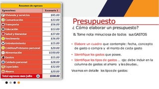 Presupuesto
¿ Cómo elaborar un presupuesto?
B. Tome nota minuciosa de todos susGASTOS
• Elabore un cuadro que contemple: fecha, concepto
de gasto o compra y el monto de cada gasto
• Identifique los gastos que posee.
• Identifique los tipos de gastos … ojo: debe incluir en la
columna de gastos:el ahorro y lasdeudas..
Veamos en detalle los tiposde gastos:
 