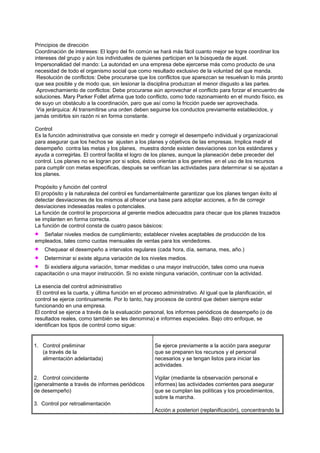 Principios de dirección
Coordinación de intereses: El logro del fin común se hará más fácil cuanto mejor se logre coordinar los
intereses del grupo y aún los individuales de quienes participan en la búsqueda de aquel.
Impersonalidad del mando: La autoridad en una empresa debe ejercerse más como producto de una
necesidad de todo el organismo social que como resultado exclusivo de la voluntad del que manda.
 Resolución de conflictos: Debe procurarse que los conflictos que aparezcan se resuelvan lo más pronto
que sea posible y de modo que, sin lesionar la disciplina produzcan el menor disgusto a las partes.
 Aprovechamiento de conflictos: Debe procurarse aún aprovechar el conflicto para forzar el encuentro de
soluciones. Mary Parker Follet afirma que todo conflicto, como todo razonamiento en el mundo físico, es
de suyo un obstáculo a la coordinación, paro que así como la fricción puede ser aprovechada.
 Vía jerárquica: Al transmitirse una orden deben seguirse los conductos previamente establecidos, y
jamás omitirlos sin razón ni en forma constante.

Control
Es la función administrativa que consiste en medir y corregir el desempeño individual y organizacional
para asegurar que los hechos se ajusten a los planes y objetivos de las empresas. Implica medir el
desempeño contra las metas y los planes, muestra donde existen desviaciones con los estándares y
ayuda a corregirlas. El control facilita el logro de los planes, aunque la planeación debe preceder del
control. Los planes no se logran por si solos, éstos orientan a los gerentes en el uso de los recursos
para cumplir con metas especificas, después se verifican las actividades para determinar si se ajustan a
los planes.

Propósito y función del control
El propósito y la naturaleza del control es fundamentalmente garantizar que los planes tengan éxito al
detectar desviaciones de los mismos al ofrecer una base para adoptar acciones, a fin de corregir
desviaciones indeseadas reales o potenciales.
La función de control le proporciona al gerente medios adecuados para checar que los planes trazados
se implanten en forma correcta.
La función de control consta de cuatro pasos básicos:
   Señalar niveles medios de cumplimiento; establecer niveles aceptables de producción de los
empleados, tales como cuotas mensuales de ventas para los vendedores.
    Chequear el desempeño a intervalos regulares (cada hora, día, semana, mes, año.)
    Determinar si existe alguna variación de los niveles medios.
   Si existiera alguna variación, tomar medidas o una mayor instrucción, tales como una nueva
capacitación o una mayor instrucción. Si no existe ninguna variación, continuar con la actividad.

La esencia del control administrativo
 El control es la cuarta, y última función en el proceso administrativo. Al igual que la planificación, el
control se ejerce continuamente. Por lo tanto, hay procesos de control que deben siempre estar
funcionando en una empresa.
El control se ejerce a través de la evaluación personal, los informes periódicos de desempeño (o de
resultados reales, como también se les denomina) e informes especiales. Bajo otro enfoque, se
identifican los tipos de control como sigue:


1. Control preliminar                                Se ejerce previamente a la acción para asegurar
   (a través de la                                   que se preparen los recursos y el personal
   alimentación adelantada)                          necesarios y se tengan listos para iniciar las
                                                     actividades.

2. Control coincidente                               Vigilar (mediante la observación personal e
(generalmente a través de informes periódicos        informes) las actividades corrientes para asegurar
de desempeño)                                        que se cumplan las políticas y los procedimientos,
                                                     sobre la marcha.
3. Control por retroalimentación
                                                     Acción a posteriori (replanificación), concentrando la
 