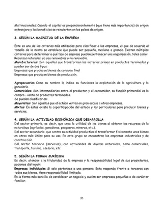 20
Multinacionales; Cuando el capital es preponderantemente (que tiene más importancia) de origen
extranjero y los beneficios se reinvierten en los países de origen.
3. SEGÚN LA MAGNITUD DE LA EMPRESA
Este es uno de los criterios más utilizados para clasificar a las empresas, el que de acuerdo al
tamaño de la misma se establece que puede ser pequeña, mediana o grande. Existen múltiples
criterios para determinar a qué tipo de empresa pueden pertenecer una organización, tales como:
Recursos naturales: ya sea renovables o no renovable.
Manufactureras: Son aquellas que transforman las materias primas en productos terminados y
pueden ser de dos tipos:
Empresas que producen bienes de consumo final
Empresas que producen bienes de producción.
Agropecuarias: Como su nombre lo indica su funciones la explotación de la agricultura y la
ganadería.
Comerciales: Son intermediarios entre el productor y el consumidor, su función primordial es la
compra - venta de productos terminados.
Se pueden clasificar en:
Mayoristas: Son aquellas que efectúan ventas en gran escala a otras empresas.
Mixtas: En éstas existe la coparticipación del estado y los particulares para producir bienes y
servicios.
4. SEGÚN LA ACTIVIDAD ECONÓMICA QUE DESARROLLA
Del sector primario, es decir, que crea la utilidad de los bienes al obtener los recursos de la
naturaleza (agrícolas, ganaderas, pesqueras, mineras, etc.).
Del sector secundario, que centra su actividad productiva al transformar físicamente unos bienes
en otros más útiles para su uso. En este grupo se encuentran las empresas industriales y de
construcción.
Del sector terciario (servicios), con actividades de diversa naturaleza, como comerciales,
transporte, turismo, asesoría, etc.
5. SEGÚN LA FORMA JURÍDICA
Es decir, atender a la titularidad de la empresa y la responsabilidad legal de sus propietarios,
podemos distinguir:
Empresas individuales: Si solo pertenece a una persona. Esta responde frente a terceros con
todos sus bienes, tiene responsabilidad ilimitada.
Es la forma más sencilla de establecer un negocio y suelen ser empresas pequeñas o de carácter
familiar.
 