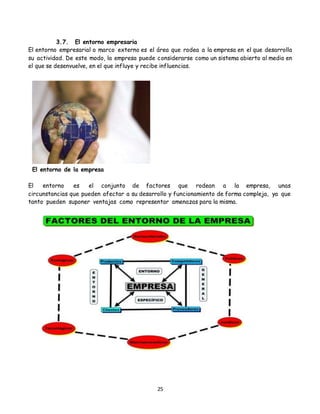 25
3.7. El entorno empresaria
El entorno empresarial o marco externo es el área que rodea a la empresa en el que desarrolla
su actividad. De este modo, la empresa puede considerarse como un sistema abierto al medio en
el que se desenvuelve, en el que influye y recibe influencias.
El entorno de la empresa
El entorno es el conjunto de factores que rodean a la empresa, unas
circunstancias que pueden afectar a su desarrollo y funcionamiento de forma compleja, ya que
tanto pueden suponer ventajas como representar amenazas para la misma.
 