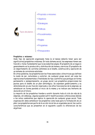 46
Propósitos o misiones:
Cada tipo de operación organizada tiene (o al menos debería tener para ser
significativa) propósitos o misiones. En todo sistema social, las empresas tienen una
función o tarea fundamental que la sociedad les asigna. El propósito de un negocio
generalmente es la producción y distribución de bienes y servicios. El propósito de
un departamento de carretas estatales es el diseño, construcción y operación de
un sistema de carreteras estatales.
En otras palabras, los propósitos son los fines esenciales o directrices que definen
la razón de ser, naturaleza y carácter, de cualquier grupo social, así como las
aspiraciones fundamentales o finalidades de tipo cualitativo que persigue en forma
permanente o semipermanente, un grupo social. Los propósitos proporcionan las
pautas para el diseño de un plan estratégico. Se expresan genéricamente y su
determinación es una función reservada a los altos funcionarios de la empresa; se
establecen en forma paralela al inicio de la misma y no indican una limitante de
duración en el futuro.
La mayoría de los propósitos tienden a existir durante todo el ciclo de vida de la
empresa, sin embargo, algunos pueden sufrir modificaciones o alteraciones debido
a los retos cambiantes que implica la operación de cualquier grupo social. Toda
organización debe establecer los propósitos como base para la formulación de un
plan. Los propósitos son parte de la acción inicial de un organismo social; las cuatro
características que se presentan en el siguiente cuadro lo diferencian de los
objetivos:
 