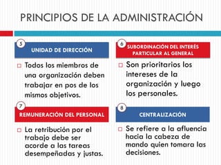 PRINCIPIOS DE LA ADMINISTRACIÓN
 Todos los miembros de
una organización deben
trabajar en pos de los
mismos objetivos.
 Son prioritarios los
intereses de la
organización y luego
los personales.
UNIDAD DE DIRECCIÓN
SUBORDINACIÓN DEL INTERÉS
PARTICULAR AL GENERAL
REMUNERACIÓN DEL PERSONAL CENTRALIZACIÓN
 La retribución por el
trabajo debe ser
acorde a las tareas
desempeñadas y justas.
 Se refiere a la afluencia
hacia la cabeza de
mando quien tomara las
decisiones.
5 6
7 8
 