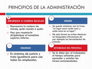 PRINCIPIOS DE LA ADMINISTRACIÓN
 Representa la cadena de
mando, quién manda a quién.
 Hay que respetarla
dirigiéndose al inmediato
superior/inferior.
 Se puede sintetizar con la frase
“un lugar para cada cosa y
cada cosa en su lugar”.
 De esta forma se evitan demoras
en búsquedas infructuosas de
por ejemplo las herramientas de
trabajo.
JERARQUÍA O CADENA ESCALAR ORDEN
EQUIDAD ESTABILIDAD DEL PERSONAL
 Es sinónimo de justicia y
trato igualitario para con
todos los empleados.
 Se le debe dar al trabajador
el tiempo suficiente para
aprender y asimilar las
tareas encomendadas.
9 10
11 12
 