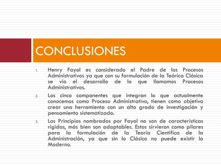 1. Henry Fayol es considerado el Padre de los Procesos
Administrativos ya que con su formulación de la Teórica Clásica
se vio el desarrollo de lo que llamamos Procesos
Administrativos.
2. Los cinco componentes que integran lo que actualmente
conocemos como Proceso Administrativo, tienen como objetivo
crear una herramienta con un alto grado de investigación y
pensamiento sistematizado.
3. Los Principios nombrados por Fayol no son de características
rígidas, más bien son adaptables. Estos sirvieron como pilares
para la formulación de la Teoría Científica de la
Administración, ya que sin lo Clásico no puede existir lo
Moderno.
CONCLUSIONES
 