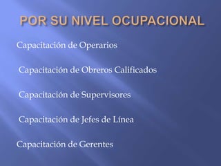 Capacitación de Operarios

Capacitación de Obreros Calificados

Capacitación de Supervisores

Capacitación de Jefes de Línea

Capacitación de Gerentes
 