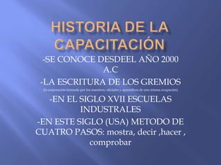 -SE CONOCE DESDEEL AÑO 2000
              A.C
 -LA ESCRITURA DE LOS GREMIOS
 (la corporación formada por los maestros, oficiales y aprendices de una misma ocupación)


   -EN EL SIGLO XVII ESCUELAS
          INDUSTRALES
-EN ESTE SIGLO (USA) METODO DE
CUATRO PASOS: mostra, decir ,hacer ,
            comprobar
 