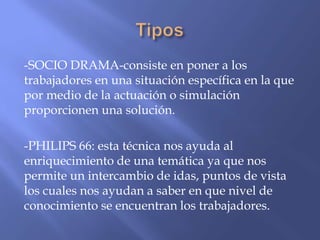 -SOCIO DRAMA-consiste en poner a los
trabajadores en una situación específica en la que
por medio de la actuación o simulación
proporcionen una solución.

-PHILIPS 66: esta técnica nos ayuda al
enriquecimiento de una temática ya que nos
permite un intercambio de idas, puntos de vista
los cuales nos ayudan a saber en que nivel de
conocimiento se encuentran los trabajadores.
 