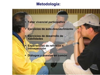 Metodología:  Taller vivencial participativo Ejercicios de auto-descubrimiento  Ejercicios de desarrollo de habilidades Experiencias de reflexión e introspección Diálogos y puestas en común 