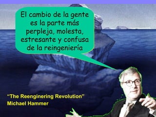 “ The Reenginering Revolution” Michael Hammer El cambio de la gente es la parte más perpleja, molesta, estresante y confusa de la reingeniería 