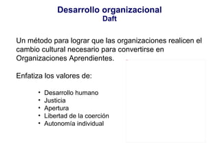 Desarrollo organizacional Daft Un método para lograr que las organizaciones realicen el cambio cultural necesario para convertirse en Organizaciones Aprendientes. Enfatiza los valores de: Desarrollo humano Justicia Apertura Libertad de la coerción Autonomía individual 