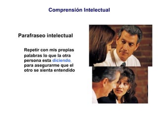 Comprensión Intelectual Parafraseo intelectual Repetir con mis propias palabras lo que la otra persona esta  diciendo ,  para asegurarme que el otro se sienta entendido 