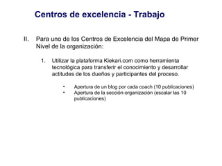 Centros de excelencia - Trabajo Para uno de los Centros de Excelencia del Mapa de Primer Nivel de la organización: Utilizar la plataforma Kiekari.com como herramienta tecnológica para transferir el conocimiento y desarrollar actitudes de los dueños y participantes del proceso. Apertura de un blog por cada coach (10 publicaciones) Apertura de la sección-organización (escalar las 10 publicaciones) 
