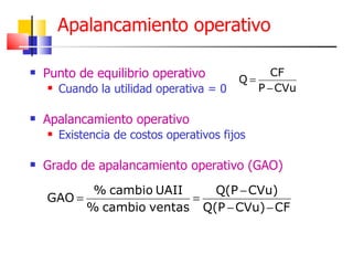Apalancamiento operativo Punto de equilibrio operativo Cuando la utilidad operativa = 0 Apalancamiento operativo Existencia de costos operativos fijos Grado de apalancamiento operativo (GAO) 