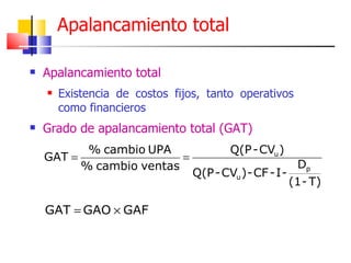 Apalancamiento total Apalancamiento total Existencia de costos fijos, tanto operativos como financieros Grado de apalancamiento total (GAT) 