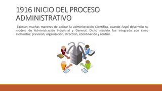 1916 INICIO DEL PROCESO
ADMINISTRATIVO
Existían muchas maneras de aplicar la Administración Científica, cuando Fayol desarrollo su
modelo de Administración Industrial y General. Dicho modelo fue integrado con cinco
elementos: previsión, organización, dirección, coordinación y control.
 