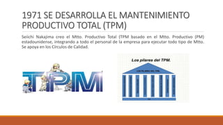 1971 SE DESARROLLA EL MANTENIMIENTO
PRODUCTIVO TOTAL (TPM)
Seiichi Nakajima creo el Mtto. Productivo Total (TPM basado en el Mtto. Productivo (PM)
estadounidense, integrando a todo el personal de la empresa para ejecutar todo tipo de Mtto.
Se apoya en los Círculos de Calidad.
 