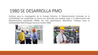 1980 SE DESARROLLA PMO
Instituto para la Investigación de la Energía Eléctrica. El Mantenimiento Centrado en la
Confiabilidad fue modificado en forma tan profunda que hadado lugar a la Optimización del
Mantenimiento Planificado (PMO). De esta optimización obtenemos: Enfoque hacia la
Confiabilidad=RCM Enfoque hacia los Costos=PMO
 