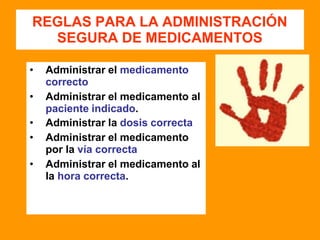 REGLAS PARA LA ADMINISTRACIÓN
SEGURA DE MEDICAMENTOS
• Administrar el medicamento
correcto
• Administrar el medicamento al
paciente indicado.
• Administrar la dosis correcta
• Administrar el medicamento
por la vía correcta
• Administrar el medicamento al
la hora correcta.
 