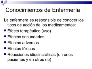 Conocimientos de Enfermería
La enfermera es responsible de conocer los
  tipos de acción de los medicamentos:
 Efecto terapéutico (uso)
 Efectos secundarios
 Efectos adversos
 Efectos tóxicos
 Reacciones idiosincráticas (en unos
  pacientes y en otros no)
 