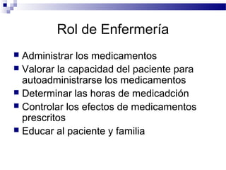 Rol de Enfermería
 Administrar los medicamentos
 Valorar la capacidad del paciente para
  autoadministrarse los medicamentos
 Determinar las horas de medicadción
 Controlar los efectos de medicamentos
  prescritos
 Educar al paciente y familia
 