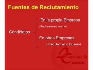 Fuentes de Reclutamiento
En la propia Empresa
( Reclutamiento Interno)
Candidatos
En otras Empresas
( Reclutamiento Externo)
 