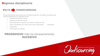 12
Régimen disciplinario
Proceso disciplinario que acorde con el Código Sustantivo de Trabajo se abordará de
manera progresiva de la siguiente forma:
 Llamado de atención verbal
 Llamado de atención escrito
 Fuerte llamado de atención con copia a la hoja de vida
 Casos reincidentes por más de tres veces, descargos y suspensión
 Suspensión
 Terminación de contrato
FALTA CONSECUENCIAS
PROGRESIVO más no necesariamente
SUCESIVO
 