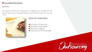 27
PERMISOS
Se entiende por permiso, la concesión que la compañía hace al empleado para que
este disfrute de un tiempo remunerado por presentarse una situación de caso
fortuito, fuerza mayor o calamidad doméstica que le impida asistir a su lugar de
trabajo.
TIPO DE PERMISOS
Permisos Ordinarios
Permisos Especiales
Permisos Legales
Licencia No Remunerada
Procedimientos
 