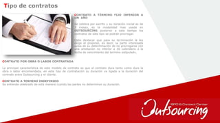 4
CONTRATO A TÉRMINO FIJO INFERIOR A
UN AÑO
Se celebra por escrito y su duración inicial es de
3 meses, es la modalidad mas usada en
OUTSOURCING posterior a este tiempo los
contratos de este tipo se podrán prorrogar.
Cabe destacar que para su terminación la ley
exige el preaviso, es decir, la parte interesada
avisa de su determinación de no prorrogarse con
una antelación no inferior a 30 calendario a la
fecha de vencimiento del termino estipulado.
Tipo de contratos
CONTRATO POR OBRA O LABOR CONTRATADA
La principal característica de este modelo de contrato es que el contrato dura tanto como dure la
obra o labor encomendada, en este tipo de contratación su duración va ligada a la duración del
contrato entre Outsourcing y el cliente.
CONTRATO A TERMINO INDEFINIDO
Se entiende celebrado de esta manera cuando las partes no determinan su duración.
 