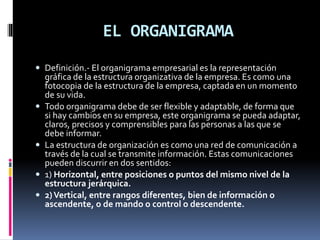 EL ORGANIGRAMA
 Definición.- El organigrama empresarial es la representación
gráfica de la estructura organizativa de la empresa. Es como una
fotocopia de la estructura de la empresa, captada en un momento
de su vida.
 Todo organigrama debe de ser flexible y adaptable, de forma que
si hay cambios en su empresa, este organigrama se pueda adaptar,
claros, precisos y comprensibles para las personas a las que se
debe informar.
 La estructura de organización es como una red de comunicación a
través de la cual se transmite información. Estas comunicaciones
pueden discurrir en dos sentidos:
 1) Horizontal, entre posiciones o puntos del mismo nivel de la
estructura jerárquica.
 2)Vertical, entre rangos diferentes, bien de información o
ascendente, o de mando o control o descendente.
 