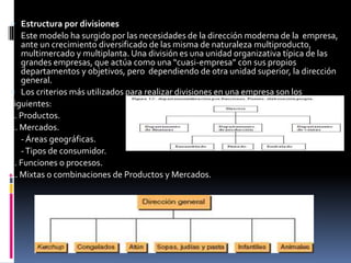  Estructura por divisiones
Este modelo ha surgido por las necesidades de la dirección moderna de la empresa,
ante un crecimiento diversificado de las misma de naturaleza multiproducto,
multimercado y multiplanta. Una división es una unidad organizativa típica de las
grandes empresas, que actúa como una “cuasi-empresa” con sus propios
departamentos y objetivos, pero dependiendo de otra unidad superior, la dirección
general.
 Los criterios más utilizados para realizar divisiones en una empresa son los
siguientes:
1. Productos.
2. Mercados.
- Áreas geográficas.
-Tipos de consumidor.
3. Funciones o procesos.
4. Mixtas o combinaciones de Productos y Mercados.
 