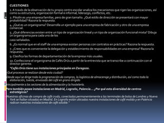  CUESTIONES
 1. A través de la observación de tu propio centro escolar analiza los mecanismos que rigen las organizaciones, así
como su estructura, organización formal e informal, liderazgo, conflictos, etc.
 2. Pikolín es una empresa familiar, pero de gran tamaño. ¿Qué estilo de dirección se presentará con mayor
probabilidad? Razona la respuesta.
 4. ¿Qué es un organigrama? Desarrolla un ejemplo para una empresa de fabricación y otro de una empresa
comercial.
 5. ¿Qué diferencias existen entre un tipo de organización lineal y un tipo de organización funcional mixta? Dibuja
un organigrama para cada uno de los
 caso señalados.
 6. ¿Es normal que en el staff de una empresa existan personas con contratos en prácticas? Razona la respuesta.
 7. ¿Crees que es conveniente la delegación y establecimiento de responsabilidades en una empresa? Razona la
respuesta.
 9. Clasifica las formas de departamentación de la empresa más usuales.
 10. Confecciona el organigrama de Cafés Orús a partir de la entrevista que se transcribe a continuación con el
director gerente.
 "CafésOrús tiene sus instalaciones principales en Zaragoza.
-¿Qué procesos se realizan desde esta ciudad?
- Desde aquí se dirige toda la programación de compras, la logística de almacenaje y distribución, así como toda la
elaboración, tueste, envasado del café en grano dirigido
principalmente a los sectores de la alimentación y la hostelería.
-Pero también posee instalaciones en Madrid, Logroño, Palencia... ¿Por qué esta diversidad de centros
estratégicos?
- Nuestras oficinas de compra de café crudo, conectadas permanentemente a las terminales de bolsa de Londres y Nueva
York se hallan situadas en Madrid. En Logroño están ubicadas nuestra instalaciones de café molido y en Palencia
radican nuestras instalaciones de café soluble."
 