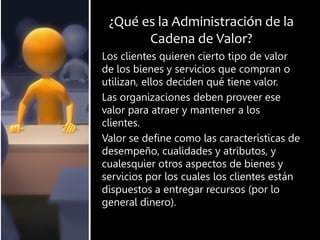 ¿Qué es la Administración de la
Cadena de Valor?
Los clientes quieren cierto tipo de valor
de los bienes y servicios que compran o
utilizan, ellos deciden qué tiene valor.
Las organizaciones deben proveer ese
valor para atraer y mantener a los
clientes.
Valor se define como las características de
desempeño, cualidades y atributos, y
cualesquier otros aspectos de bienes y
servicios por los cuales los clientes están
dispuestos a entregar recursos (por lo
general dinero).
 