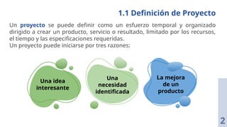 Un proyecto se puede definir como un esfuerzo temporal y organizado
dirigido a crear un producto, servicio o resultado, limitado por los recursos,
el tiempo y las especificaciones requeridas.
Un proyecto puede iniciarse por tres razones:
1.1 Definición de Proyecto
Una idea
interesante
Una
necesidad
identificada
La mejora
de un
producto
2
 