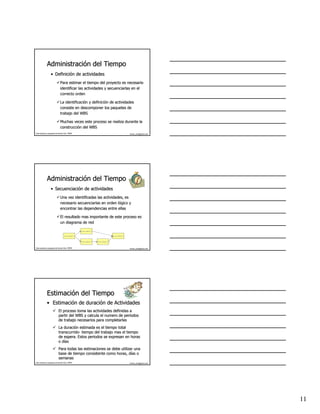 Administración del Tiempo
              Administració
                   • Definición de actividades
                     Definició
                                Para estimar el tiempo del proyecto es necesario
                                identificar las actividades y secuenciarlas en el
                                correcto orden

                                La identificación y definición de actividades
                                   identificació    definició
                                consiste en descomponer los paquetes de
                                trabajo del WBS

                                Muchas veces este proceso se realiza durante la
                                construcción del WBS
                                construcció
Este material es propiedad de Hernán Ortiz, PMP®                                             hernan_ortiz@yahoo.com




              Administración del Tiempo
              Administració
                   • Secuenciación de actividades
                     Secuenciació
                                Una vez identificadas las actividades, es
                                necesario secuenciarlas en orden lógico y
                                                                   ló
                                encontrar las dependencias entre ellas

                                El resultado mas importante de este proceso es
                                un diagrama de red

                                                   Actividad 2

                                     Actividad 1                               Actividad 5

                                                   Actividad 3   Actividad 4

Este material es propiedad de Hernán Ortiz, PMP®                                             hernan_ortiz@yahoo.com




              Estimación del Tiempo
              Estimació
              • Estimación de duración de Actividades
                Estimació     duració
                              El proceso toma las actividades definidas a
                              partir del WBS y calcula el numero de periodos
                              de trabajo necesarios para completarlas
                              La duración estimada es el tiempo total
                                 duració
                              transcurrido- tiempo del trabajo mas el tiempo
                              transcurrido-
                              de espera. Estos periodos se expresan en horas
                              o días
                                dí
                              Para todas las estimaciones se debe utilizar una
                              base de tiempo consistente como horas, días o
                                                                        dí
                              semanas
Este material es propiedad de Hernán Ortiz, PMP®                                             hernan_ortiz@yahoo.com




                                                                                                                      11
 