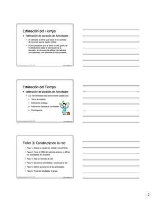 Estimación del Tiempo
              Estimació
              • Estimación de duración de Actividades
                Estimació     duració
                              El estimado se tiene que basar en la cantidad
                              de recursos que se espera utilizar.
                              En los proyectos que se tiene un alto grado de
                              incertidumbre sobre la estimación de la
                                                     estimació
                              duración, se recomienda utilizar tres calculos:
                              duració                               calculos:
                              uno optimista, uno pesimista el más probable.
                                                              má




Este material es propiedad de Hernán Ortiz, PMP®                        hernan_ortiz@yahoo.com




              Estimación del Tiempo
              Estimació
              • Estimación de duración de Actividades
                Estimació     duració
                              Las herramientas mas comúnmente usadas son:
                                                   comú
                              •      Juicio de experto
                              •      Estimación análoga
                                     Estimació aná
                              •      Estimación basada en cantidades
                                     Estimació
                              •      Contingencia




Este material es propiedad de Hernán Ortiz, PMP®                        hernan_ortiz@yahoo.com




              Taller 3: Construyendo la red
                   • Paso 1: Reúna su equipo de trabajo nuevamente
                             Reú

                   • Paso 2: Tome el WBS del ejercicio anterior y defina
                     las actividades del proyecto

                   • Paso 3: Elija un formato de red

                   • Paso 4: Secuencie actividades y construya la red

                   • Paso 5: Estime duraciones de las actividades

                   • Paso 6: Presente resultados al grupo

Este material es propiedad de Hernán Ortiz, PMP®                        hernan_ortiz@yahoo.com




                                                                                                 12
 