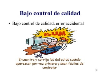 10
Bajo control de calidad
• Bajo control de calidad: error accidental
Encuentre y corrija los defectos cuando
aparezcan por vez primera y sean fáciles de
controlar
 