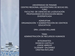 UNIVERSIDAD DE PANAMÁ
CENTRO REGIONAL UNIVERSITARIO DE BOCAS DEL
TORO
FACULTAD DE CIENCIAS DE LA EDUCACIÓN
PROFESORADO EN EDUCACIÓN MEDIA
DIVERSIFICADA
ADMSUP.546
ORGANIZACIÓN Y ADMINISTRACIÓN DE CENTROS
EDUCATIVOS
DRA. LOUISA WILLIAMS
TEMA:
ADMINISTRACIÓN DE RECURSOS HUMANOS
INTEGRANTES:
DIONICIO CASTILLO
JORGE ABREGO
OLDEMAR GALDAMEZ
CRISTINA RAYLAND
 