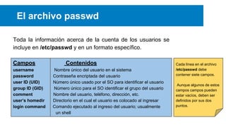 El archivo passwd
Toda la información acerca de la cuenta de los usuarios se
incluye en /etc/passwd y en un formato específico.
Campos
username
password
user ID (UID)
group ID (GID)
comment
user’s homedir
login command

Contenidos
Nombre único del usuario en el sistema
Contraseña encriptada del usuario
Número único usado por el SO para identificar el usuario
Número único para el SO identificar el grupo del usuario
Nombre del usuario, teléfono, dirección, etc.
Directorio en el cual el usuario es colocado al ingresar
Comando ejecutado al ingreso del usuario; usualmente
un shell

Cada línea en el archivo
/etc/passwd debe
contener siete campos.
Aunque algunos de estos
campos campos pueden
estar vacíos, deben ser
definidos por sus dos
puntos.

 
