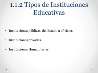 1.1.2 Tipos de Instituciones
Educativas
• Instituciones públicas, del Estado u oficiales.
• Instituciones privadas.
• Instituciones Humanitarias.
 
