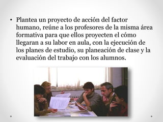 • Plantea un proyecto de acción del factor
humano, reúne a los profesores de la misma área
formativa para que ellos proyecten el cómo
llegaran a su labor en aula, con la ejecución de
los planes de estudio, su planeación de clase y la
evaluación del trabajo con los alumnos.
 