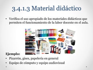 3.4.1.3 Material didáctico
• Verifica el uso apropiado de los materiales didácticos que
permiten el funcionamiento de la labor docente en el aula.
Ejemplo:
• Pizarrón, gises, papelería en general
• Equipo de cómputo y equipo audiovisual
 