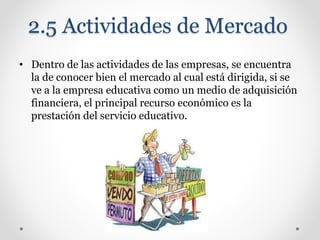 2.5 Actividades de Mercado
• Dentro de las actividades de las empresas, se encuentra
la de conocer bien el mercado al cual está dirigida, si se
ve a la empresa educativa como un medio de adquisición
financiera, el principal recurso económico es la
prestación del servicio educativo.
 